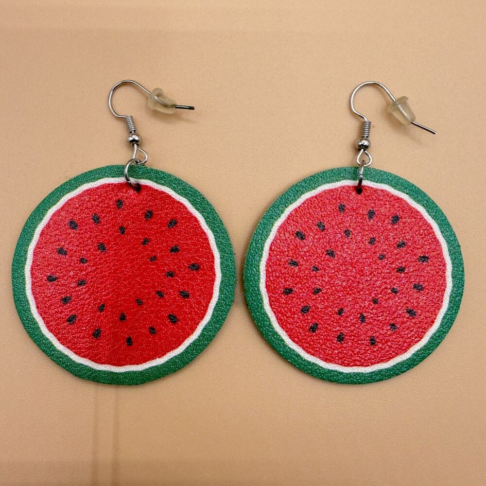 Watermelon Wood Dangle Earrings Red Green Fruit Summer Statement Novelty Gift